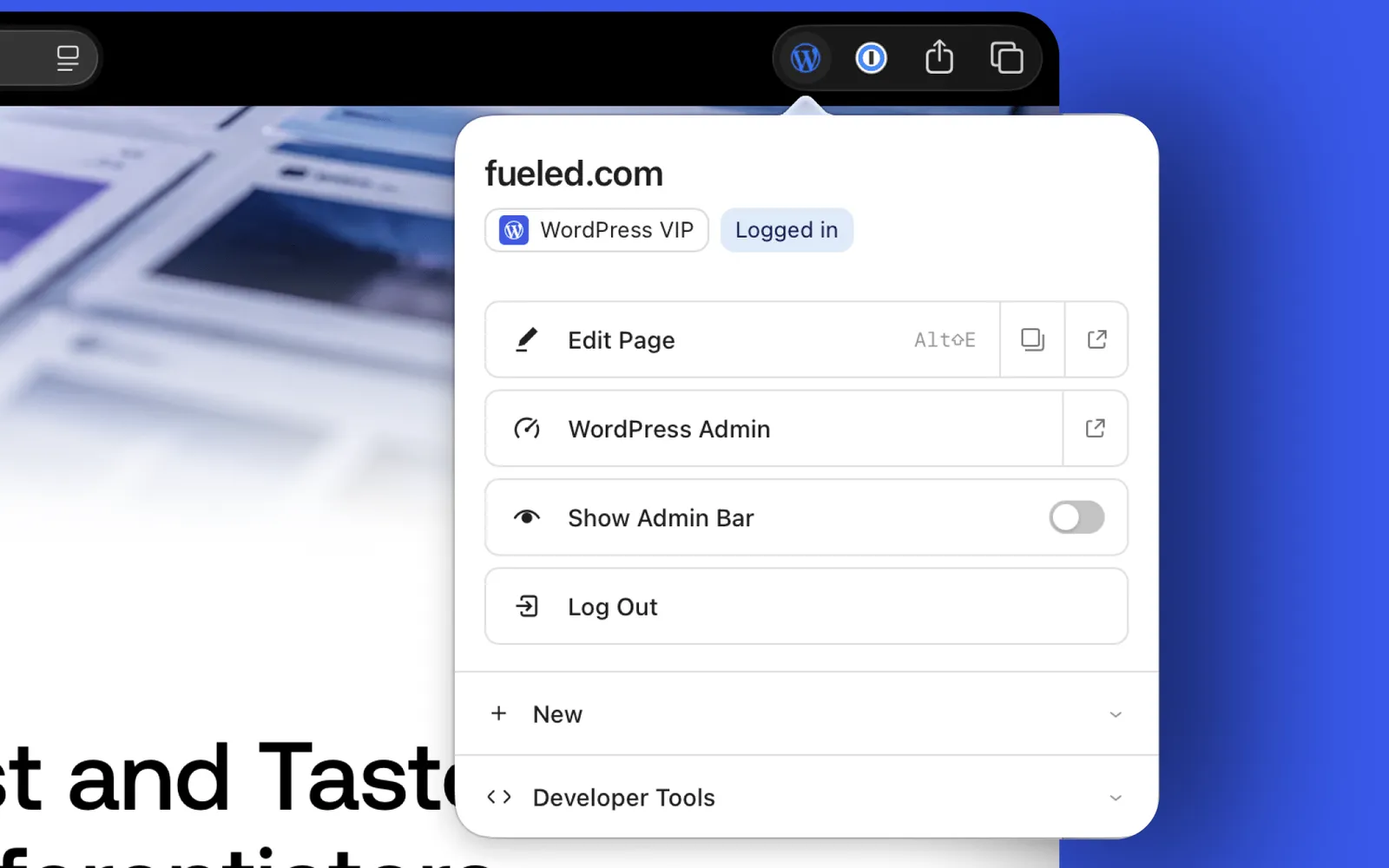 The extension's popup open over a WordPress site: edit page, admin, show admin bar, new, developer tools