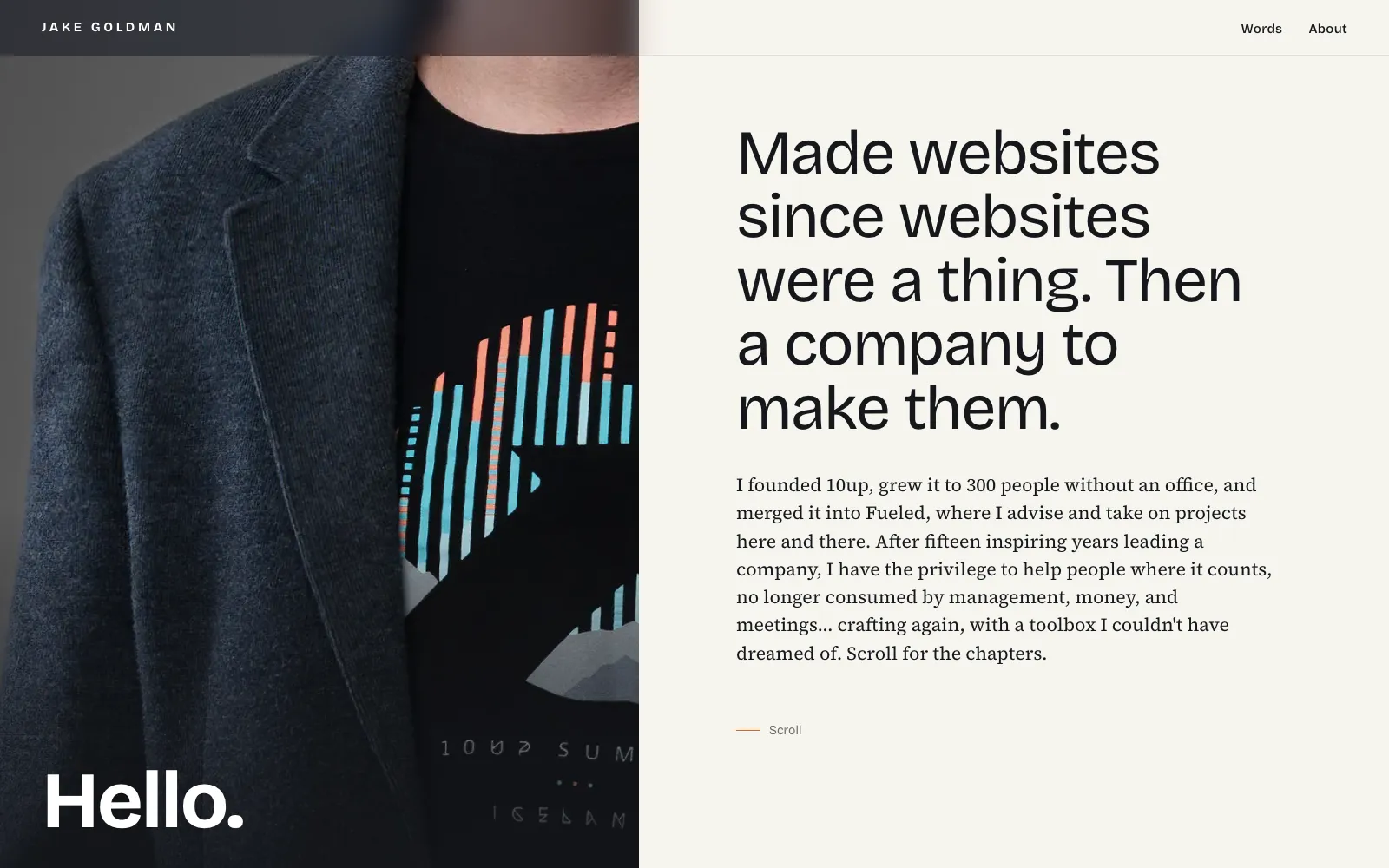 The homepage of this site: a close crop of a sports jacket beside the opening line